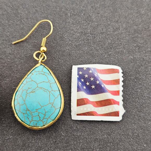 Turquoise Toned Tear Drop Earrings Dangle Drop Simple Minimalist Coastal Cowgirl - Picture 3 of 3